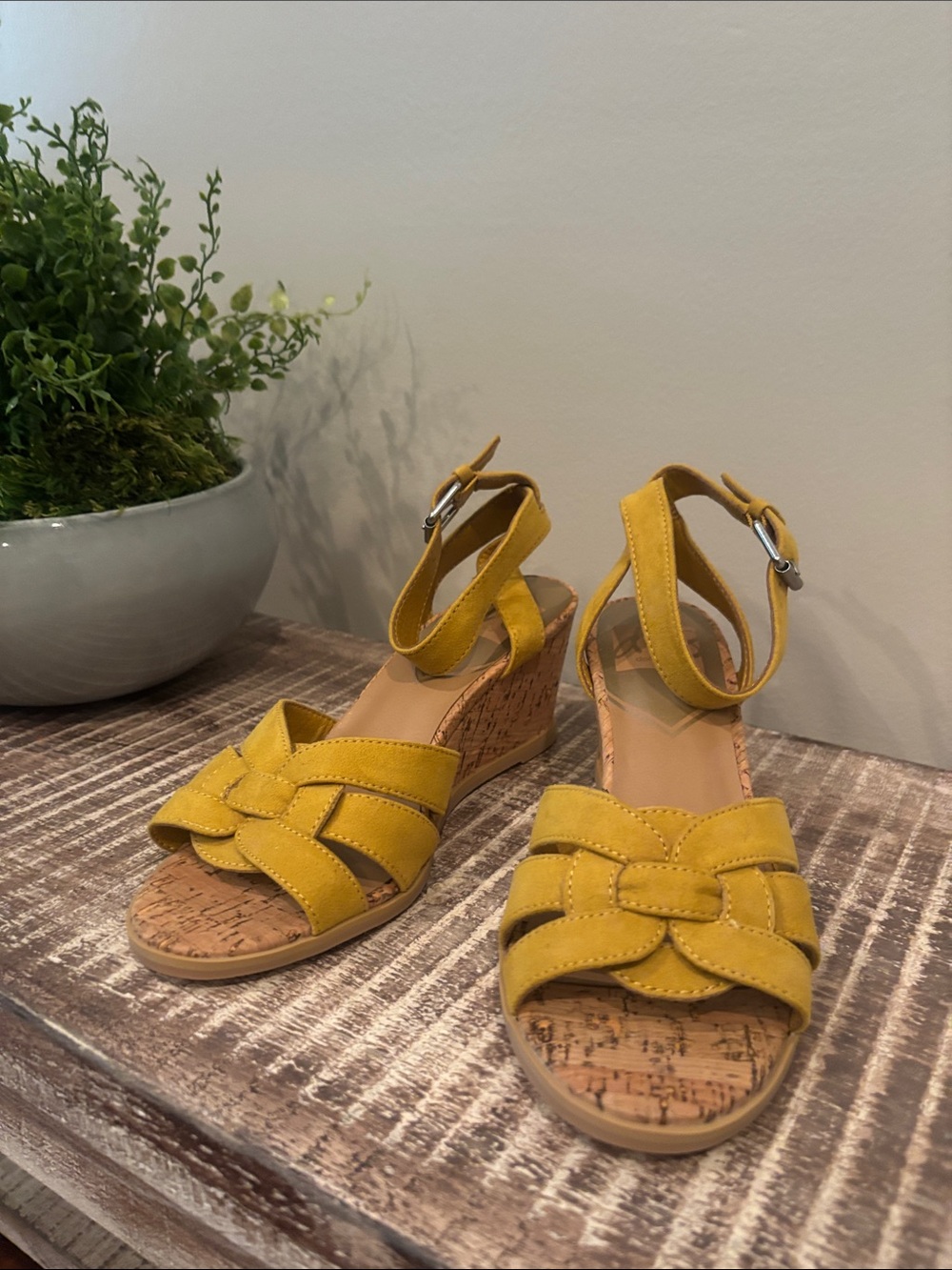 Dolce Vita Mustard Yellow Cork Wedge Sandals with Ankle Strap